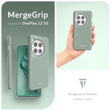 MergeGrip Designed for OnePlus 12. Designed to Protect. Made by TUDIA.   Images include a person holding up the OnePlus 12 equipped with the Green Lily Phone Case. 