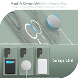 Top Image: Dual-layered case featuring a MagSafe Compatible Built-In Magnet Ring designed for use with MagSafe charger and accessories. Note: This case does not magnetically attach to accessories that are NOT MagSafe compatible.  Bottom Image: Samsung Galaxy S24 Ultra with Light Green TUDIA MergeGrip case showcasing Snap On! compatibility with MagSafe accessories including wallet, charger, and power banks. Please note that the sale includes the case only; charger and accessories not included.
