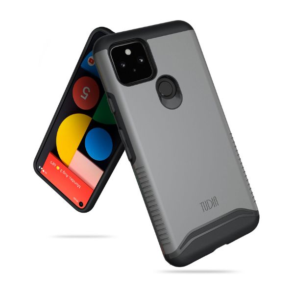 Google Pixel 5 heavy duty dual layer phone case in metallic slate color, shockproof protective cover with durable MERGE design