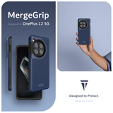 MergeGrip Designed for OnePlus 12. Designed to Protect. Made by TUDIA.   Images include a person holding up the OnePlus 12 equipped with the Indigo Blue Phone Case. 