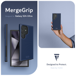 MergeGrip Designed for Galaxy S24 Ultra. Designed to Protect. Made by TUDIA.  Images include a person holding up the Galaxy S24 Ultra equipped with the Dark blue Phone Case.