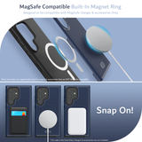 Top Image: Dual-layered case featuring a MagSafe Compatible Built-In Magnet Ring designed for use with MagSafe charger and accessories. Note: This case does not magnetically attach to accessories that are NOT MagSafe compatible.  Bottom Image: Samsung Galaxy S24 Ultra with Indigo Blue TUDIA MergeGrip case showcasing Snap On! compatibility with MagSafe accessories including wallet, charger, and power banks. Please note that the sale includes the case only; charger and accessories not included."
