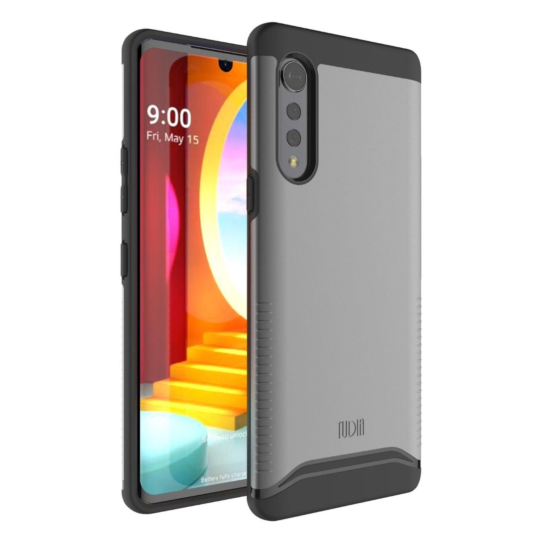 LG Velvet 5G UW heavy duty dual layer phone case in metallic slate color, shockproof protective cover with sleek design