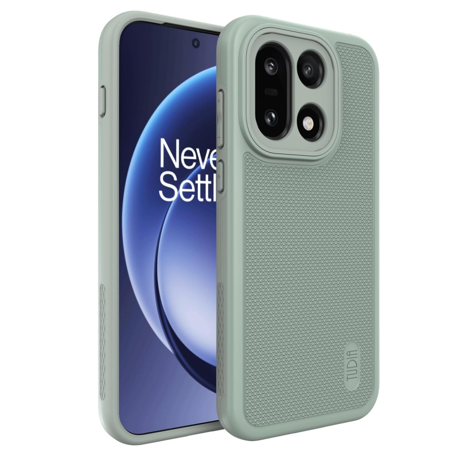 Front and back view of Lily Green MergeGrip MagSafe compatible case for OnePlus 15 5G 2025, showcasing the soft pastel green finish.