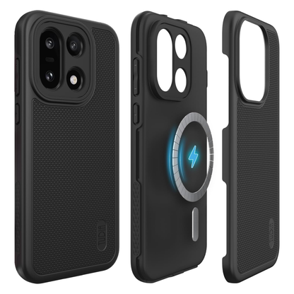 Black MergeGrip MagSafe compatible protective case for OnePlus 15 5G 2025 model, showing the built-in magnetic ring and slim rugged design.