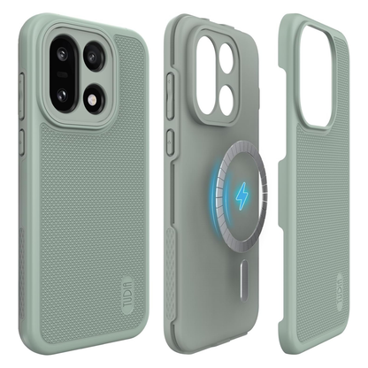 Back and side view of Lily Green MergeGrip MagSafe compatible case for OnePlus 15 5G 2025, showcasing the soft pastel green finish and the integrated magnetic ring.