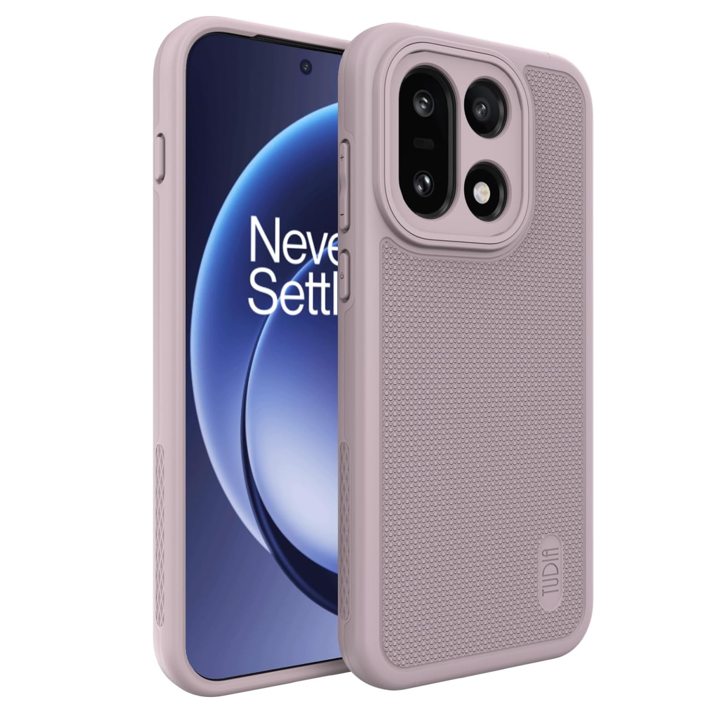 Close-up of the Purple OnePlus 15 5G case showing the non-slip MergeGrip side texture and the raised protective lip around the camera lenses.