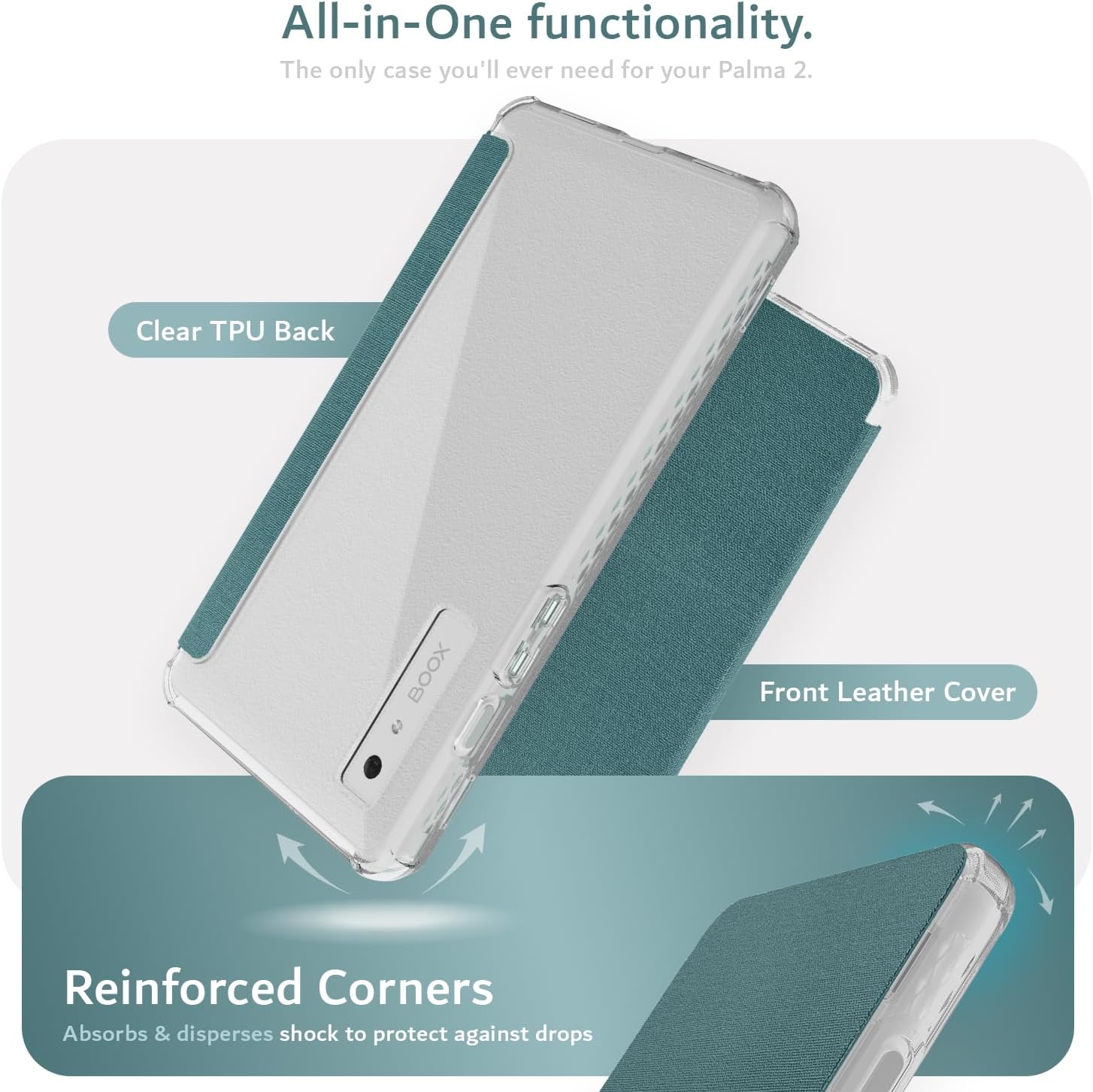 Onyx Boox Palma 2 Flip Case V2 – Clear TPU Back with Textured Leather Front and Reinforced Corners for E-Reader Protection