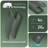 Features Image 1 - Pine Green - Tough Rhino Technology. Military Grade Drop Tested. Dropped from 4ft. Dropped 26 times total. Dual Layer drop protection absorbs shock from falls. 