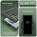 Dark Green Optimal Precision and Seamless Access: Explore our Slim Fit case showcasing its ultra-thin side profile. Witness effortless wireless charging for the Galaxy S24 Ultra on a wireless charging pad. The image highlights accurate cutouts, perfectly aligned with ports and buttons, ensuring hassle-free usage. A close-up reveals openings for the stylus, USB-C charging port, microphone, camera, and speaker, reflecting our commitment to precision design.