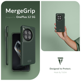 MergeGrip Designed for OnePlus 12. Designed to Protect. Made by TUDIA.   Images include a person holding up the OnePlus 12 equipped with the Pine Green Phone Case. 
