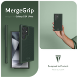 MergeGrip Designed for Galaxy S24 Ultra. Designed to Protect. Made by TUDIA.  Images include a person holding up the Galaxy S24 Ultra equipped with the Dark greenPhone Case.