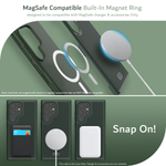  Top Image: Dual-layered case featuring a MagSafe Compatible Built-In Magnet Ring designed for use with MagSafe charger and accessories. Note: This case does not magnetically attach to accessories that are NOT MagSafe compatible.  Bottom Image: Samsung Galaxy S24 Ultra with Dark Green TUDIA MergeGrip case showcasing Snap On! compatibility with MagSafe accessories including wallet, charger, and power banks. Please note that the sale includes the case only; charger and accessories not included.