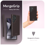 MergeGrip Designed for Galaxy S24 Ultra. Designed to Protect. Made by TUDIA.  Images include a person holding up the Galaxy S24 Ultra equipped with the Dark purple Phone Case.