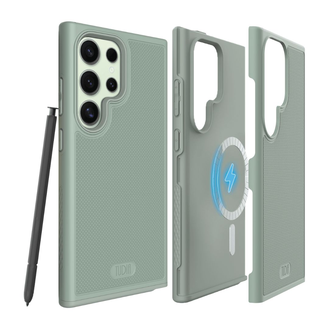Samsung Galaxy S24 Ultra case in Green Lily color with MagSafe compatibility, MergeGrip design, built-in magnet, and slim shockproof protective cover