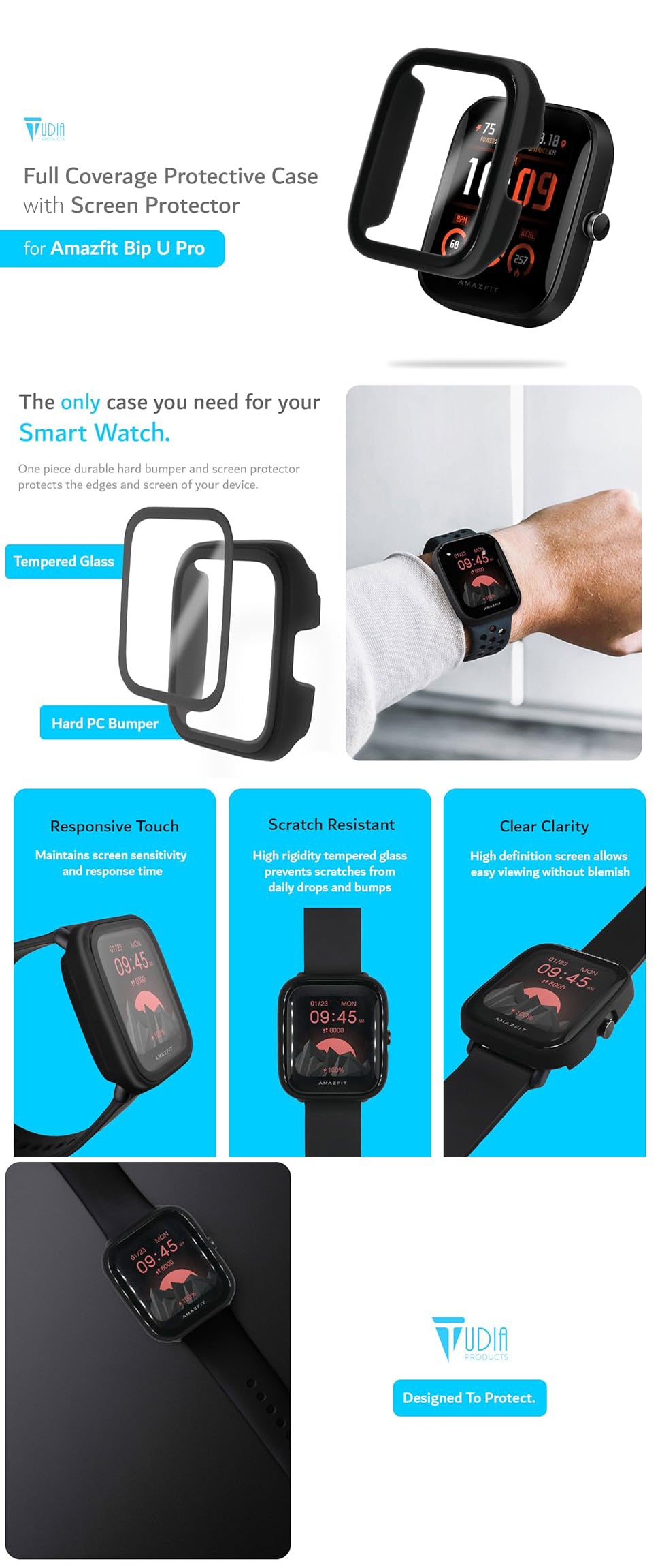 TUDIA Full Coverage Protective Case with Screen Protector for Amazfit Bip U Pro – Scratch-Resistant, Slim Fit, and Durable Smartwatch Cover