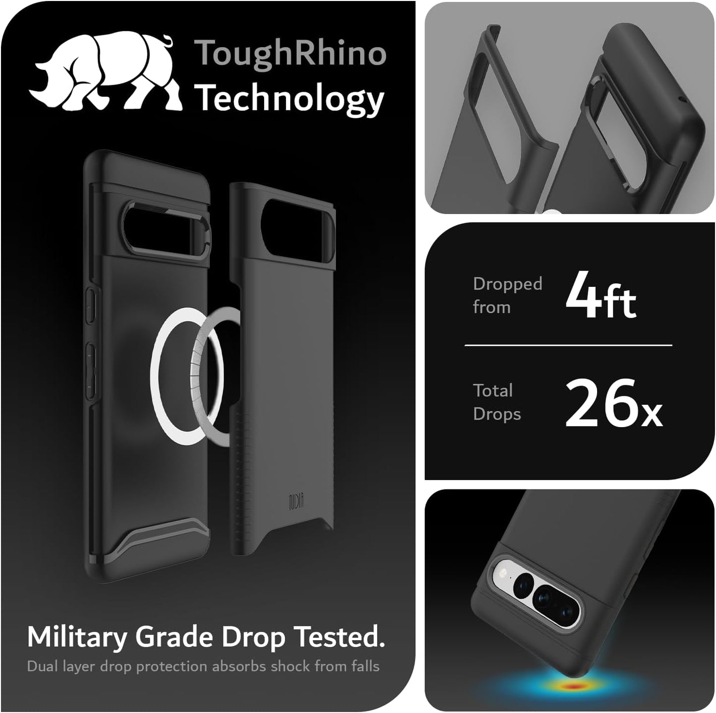 TUDIA MergeGrip Case for Google Pixel 7 Pro in Black with MagSafe – Rugged Dual Layer Military Grade Drop Tested Cover