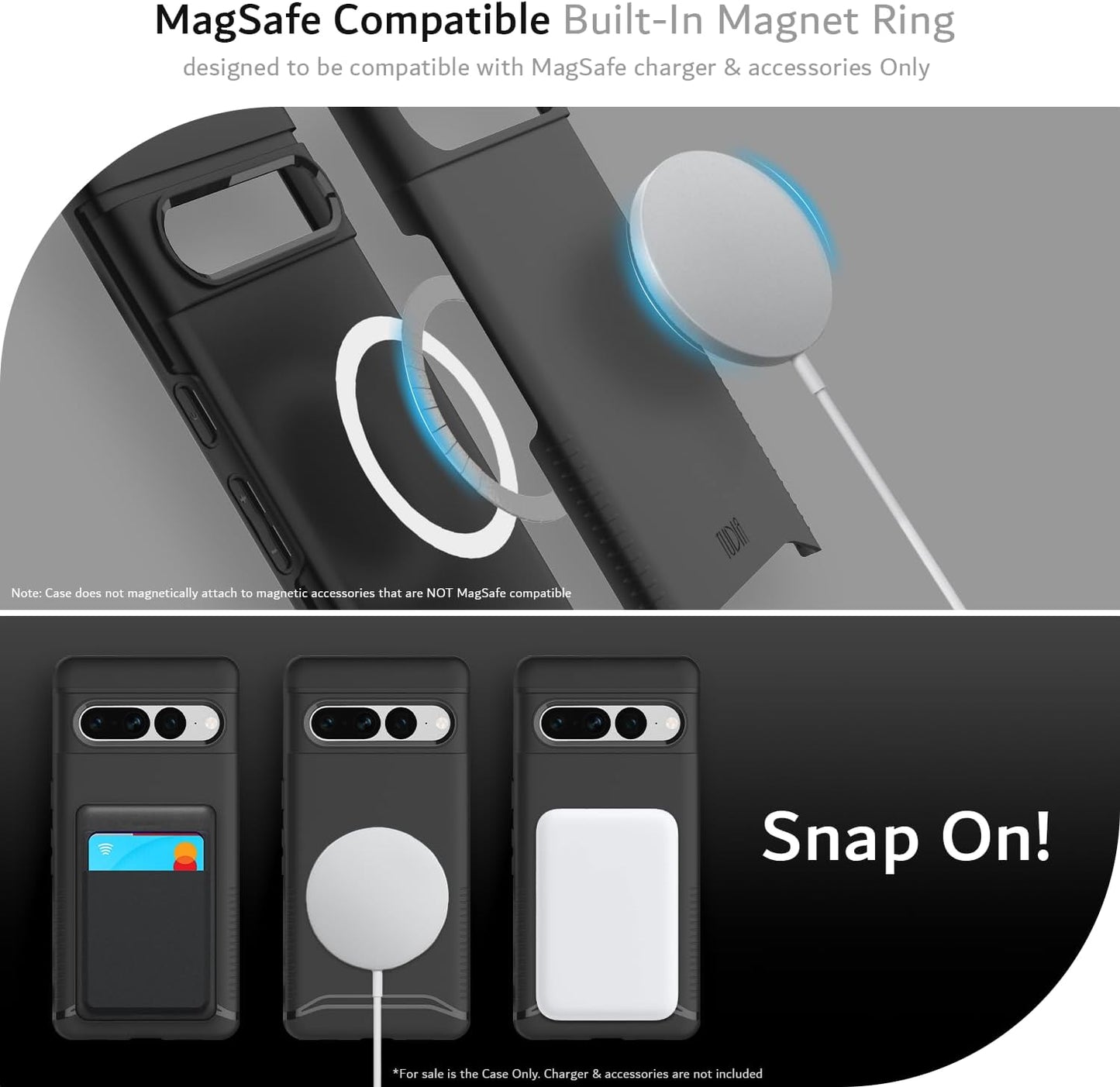 TUDIA MergeGrip Dual Layer Black Case for Google Pixel 7 Pro with Built-in MagSafe Magnet Ring – Slim Shockproof Protective Cover