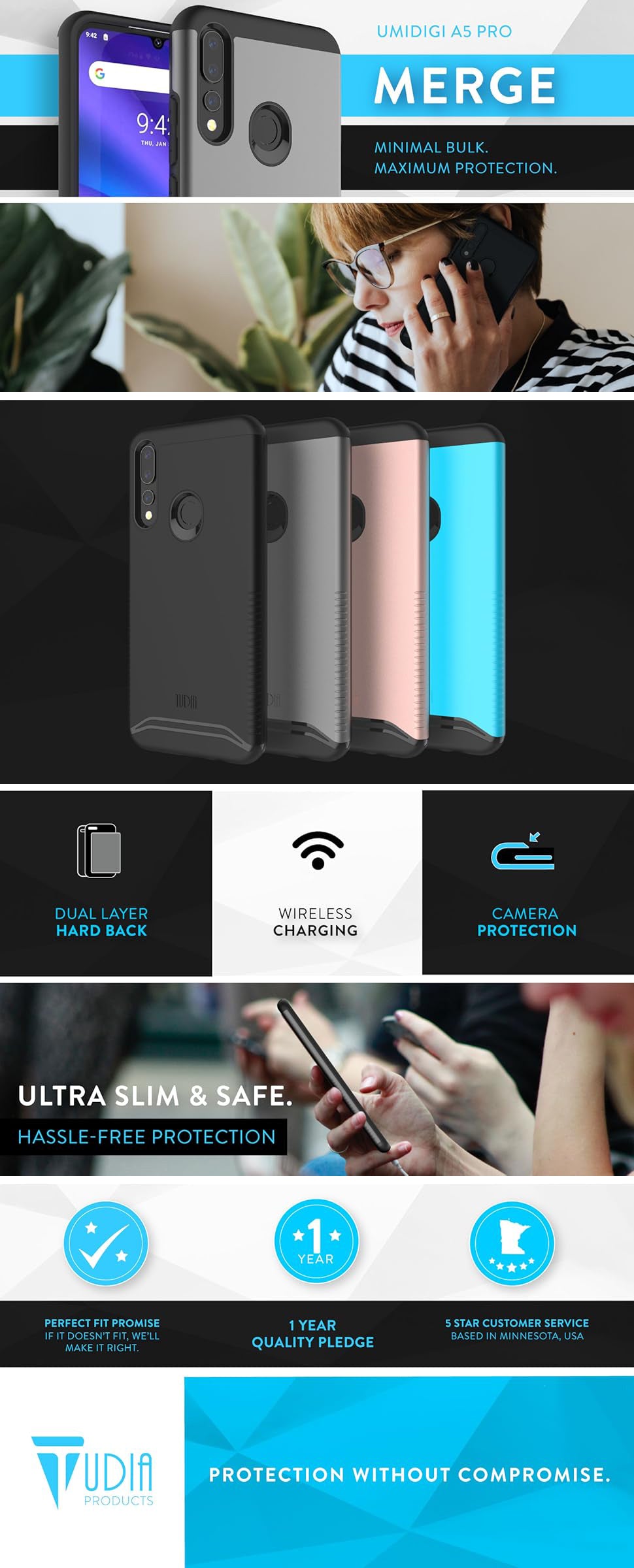 TUDIA MERGE Series for Umidigi A5 Pro – Military Grade Heavy Duty Case with Dual Layer Protection