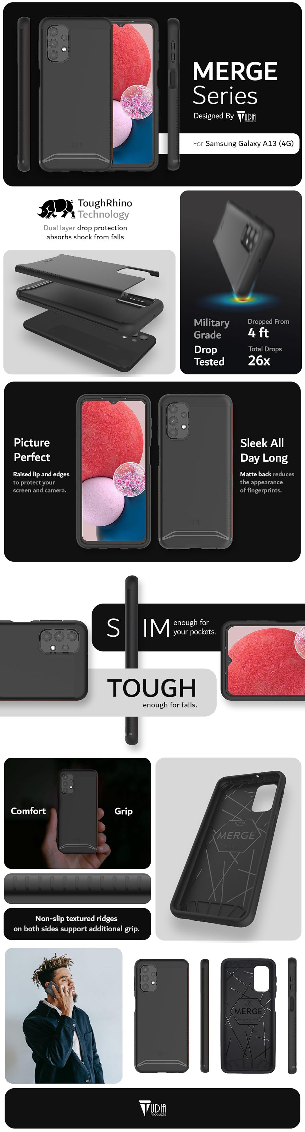 TUDIA MERGE Series Case for Samsung Galaxy A13 4G – Military Grade Heavy Duty Dual-Layer Protection with Shock Absorption and Rugged Design