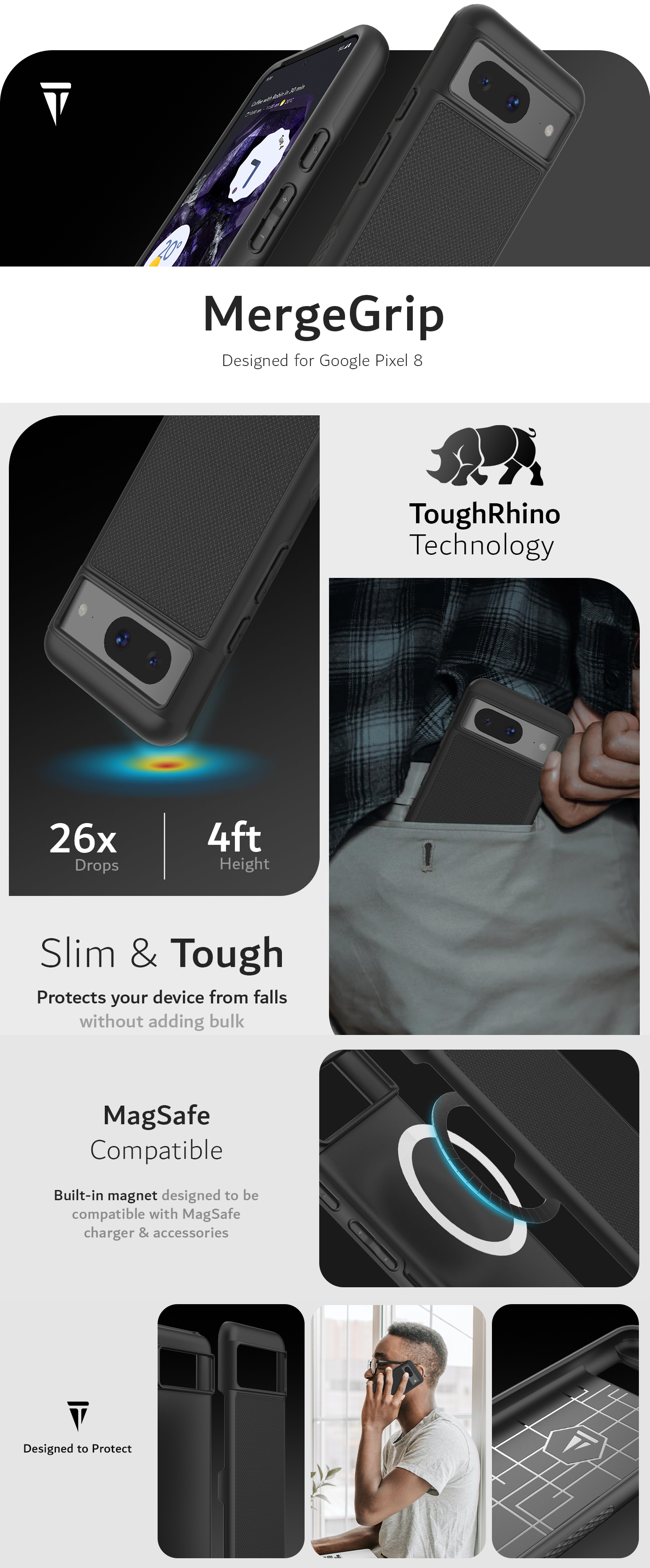 TUDIA MergeGrip Case for Google Pixel 8 – Slim, Durable, Shockproof Dual Layer Protection