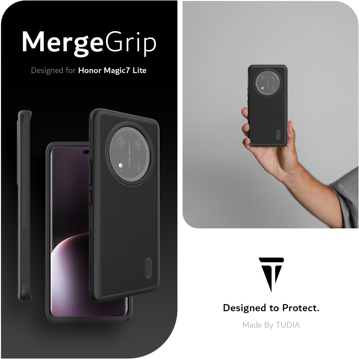 TUDIA MergeGrip Jet Black Case for Honor Magic 7 Lite 5G – Military Grade Protection, Raised Edge, Enhanced Grip (2025)

