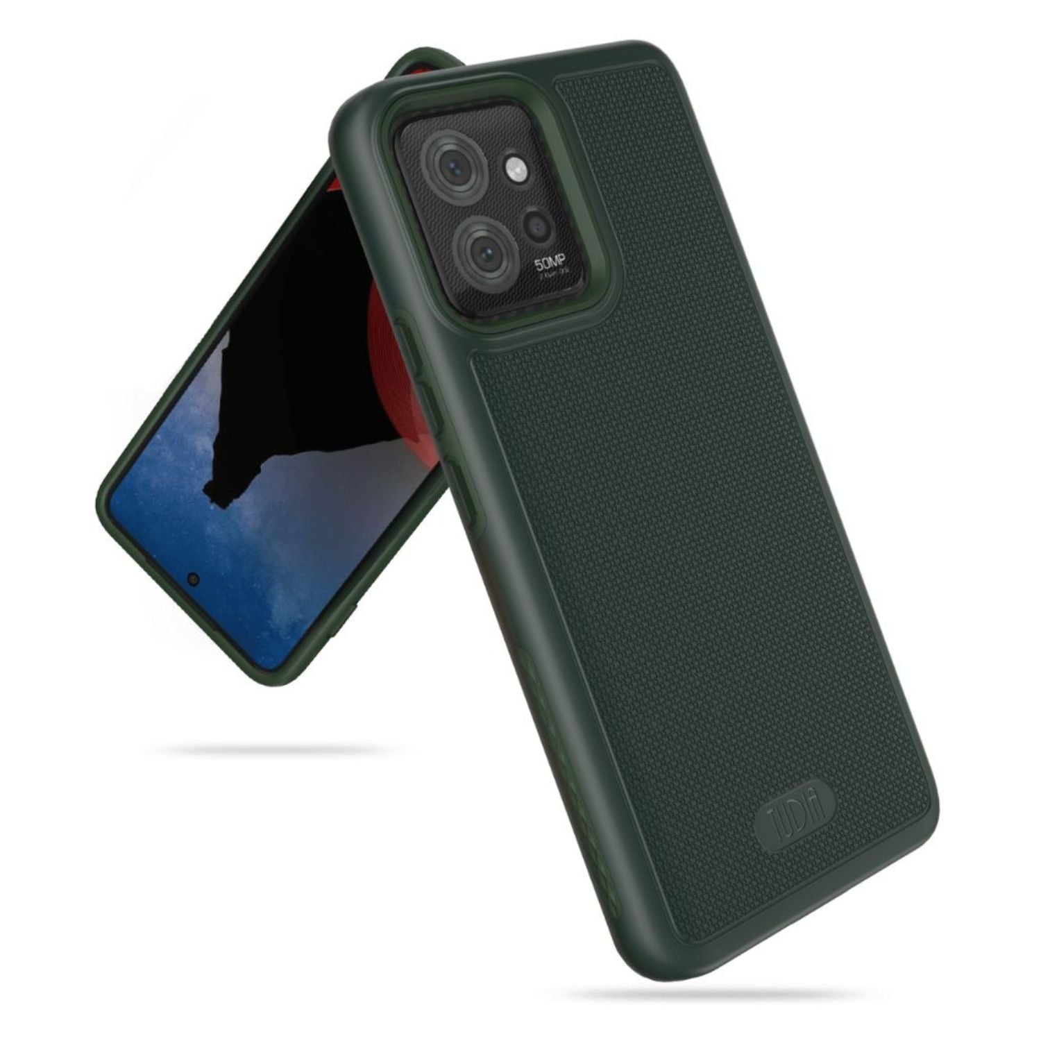 TUDIA MergeGrip heavy-duty protective case for Motorola ThinkPhone in Pine green, featuring DualShield technology for enhanced durability and grip