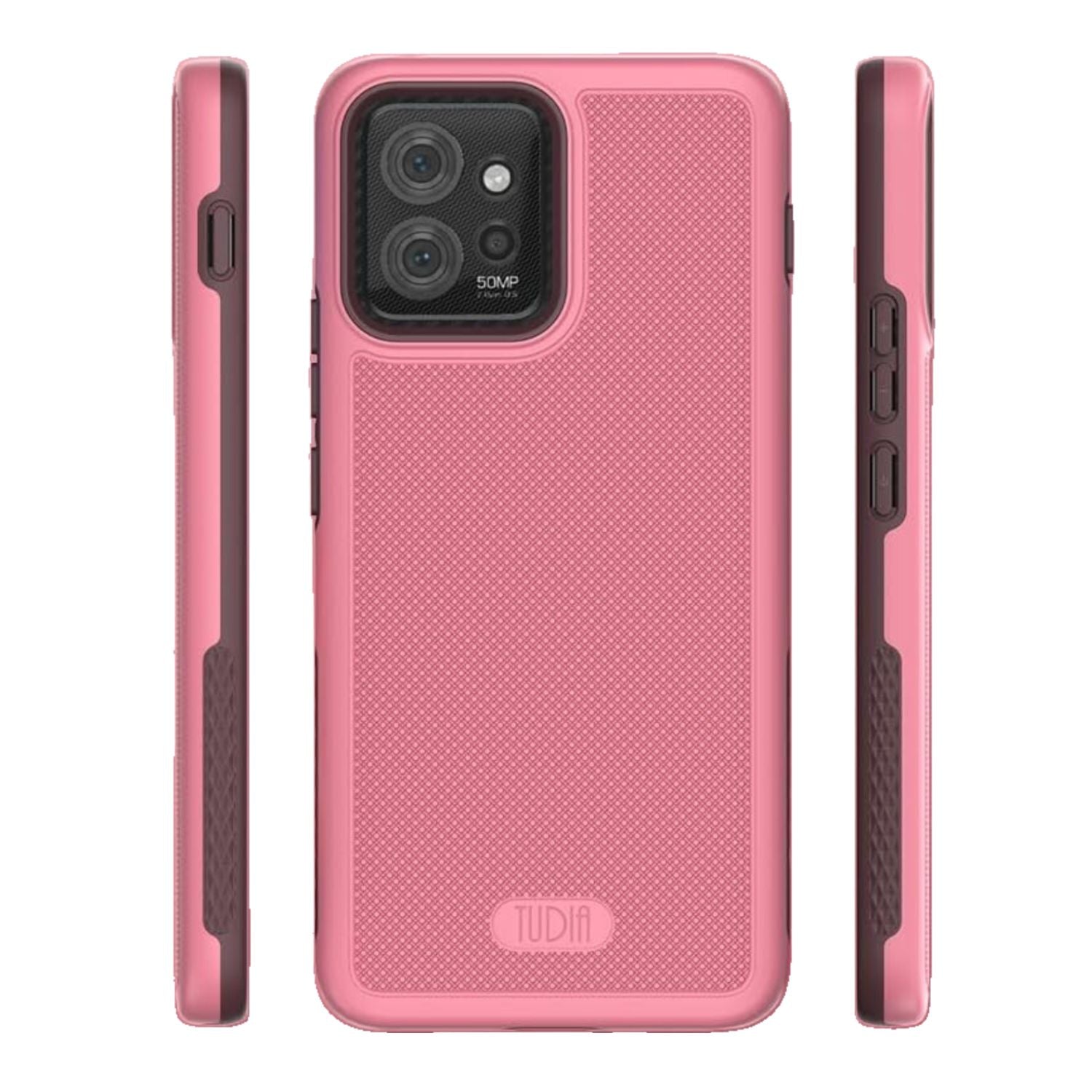 TUDIA MergeGrip heavy-duty protective case for Motorola ThinkPhone in Smokey Pink, featuring DualShield technology for enhanced durability and grip