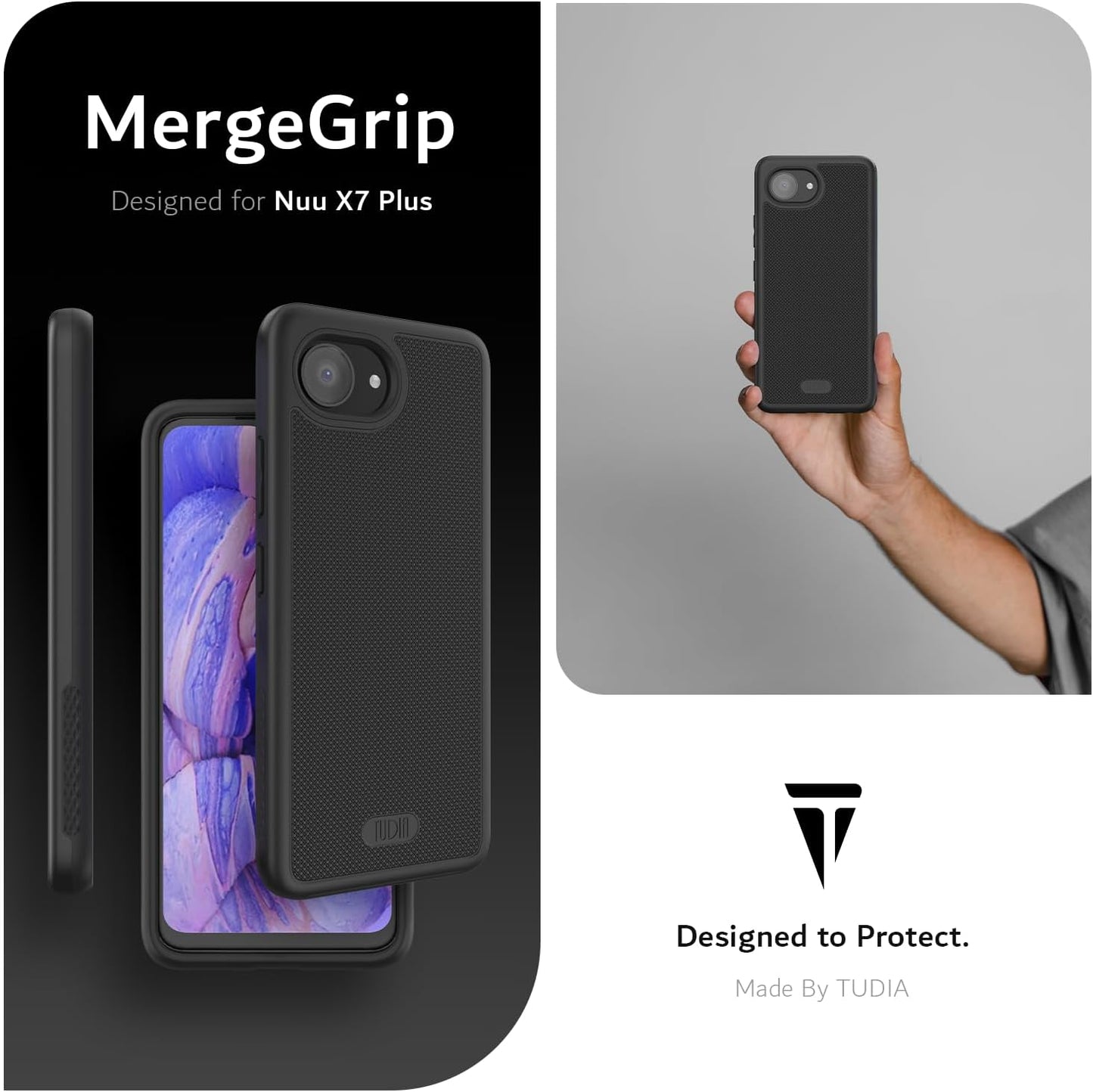 TUDIA MergeGrip rugged dual-layer case for NUU X7 Plus in black – shockproof, slim fit, heavy duty phone protection