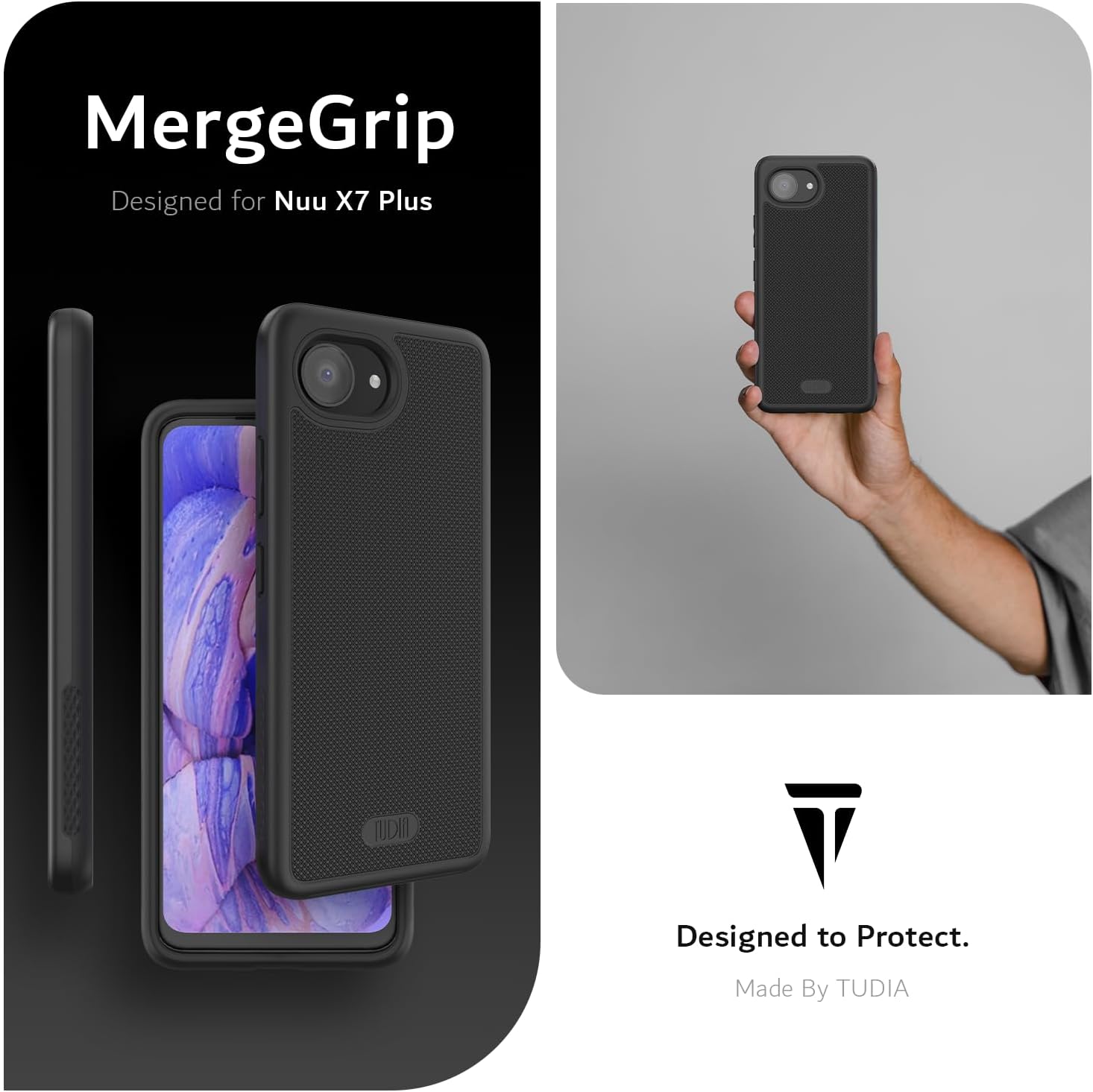 TUDIA MergeGrip rugged dual-layer case for NUU X7 Plus in black – shockproof, slim fit, heavy duty phone protection
