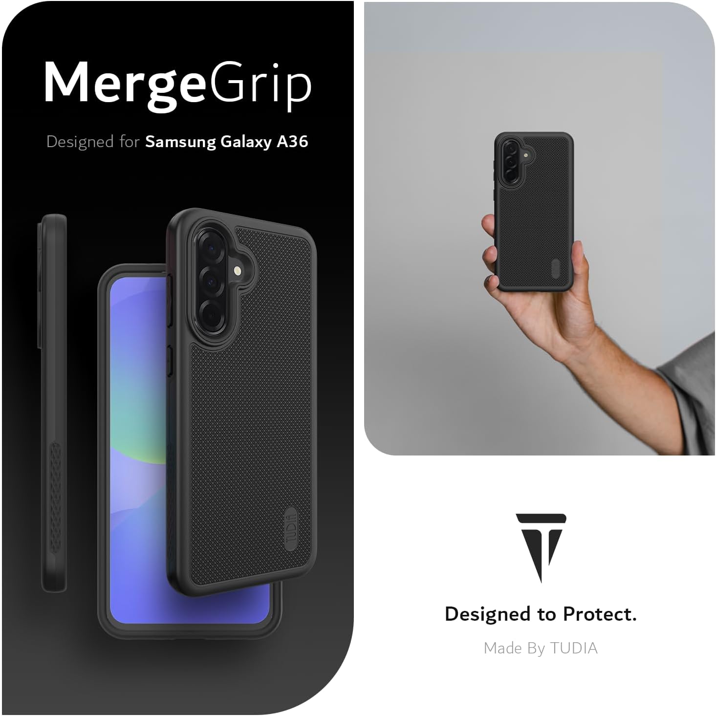 TUDIA black MergeGrip case for Samsung Galaxy A36 5G (2025) with raised edge protection and military-grade drop defense