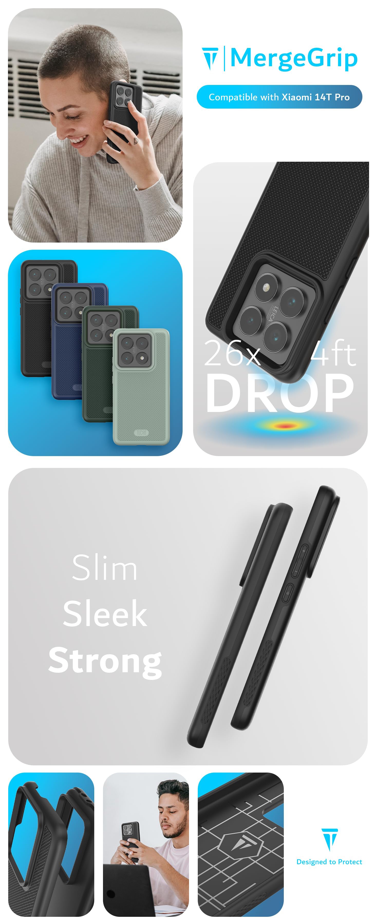 TUDIA MergeGrip dual-layer case for Xiaomi 14T Pro, providing military-grade shockproof protection, enhanced grip, and a durable slim design