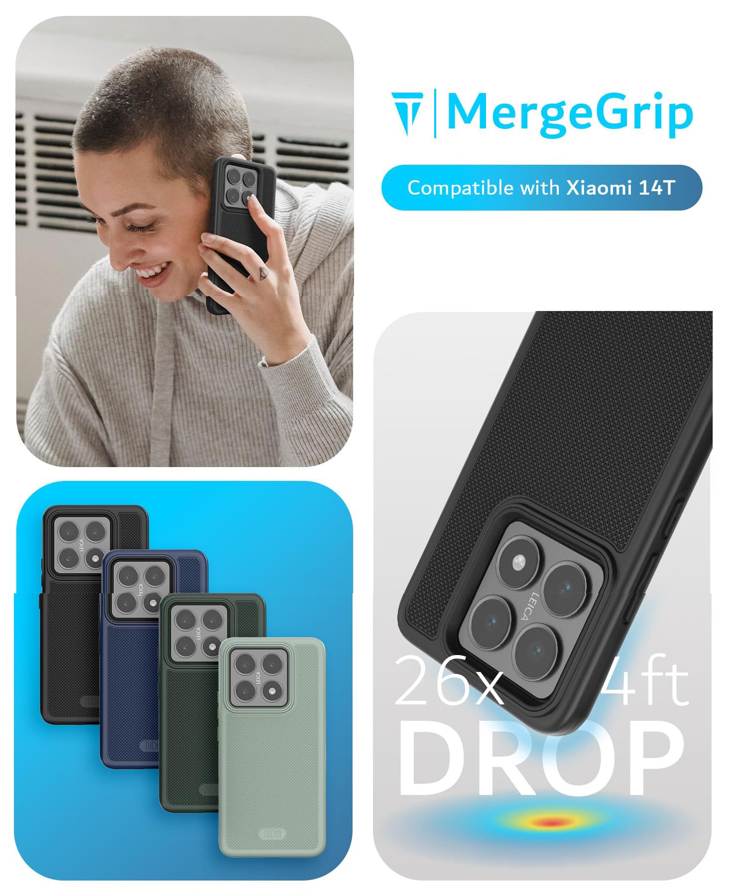 TUDIA MergeGrip dual-layer case for Xiaomi 14T Pro, providing military-grade shockproof protection, enhanced grip, and a durable slim design