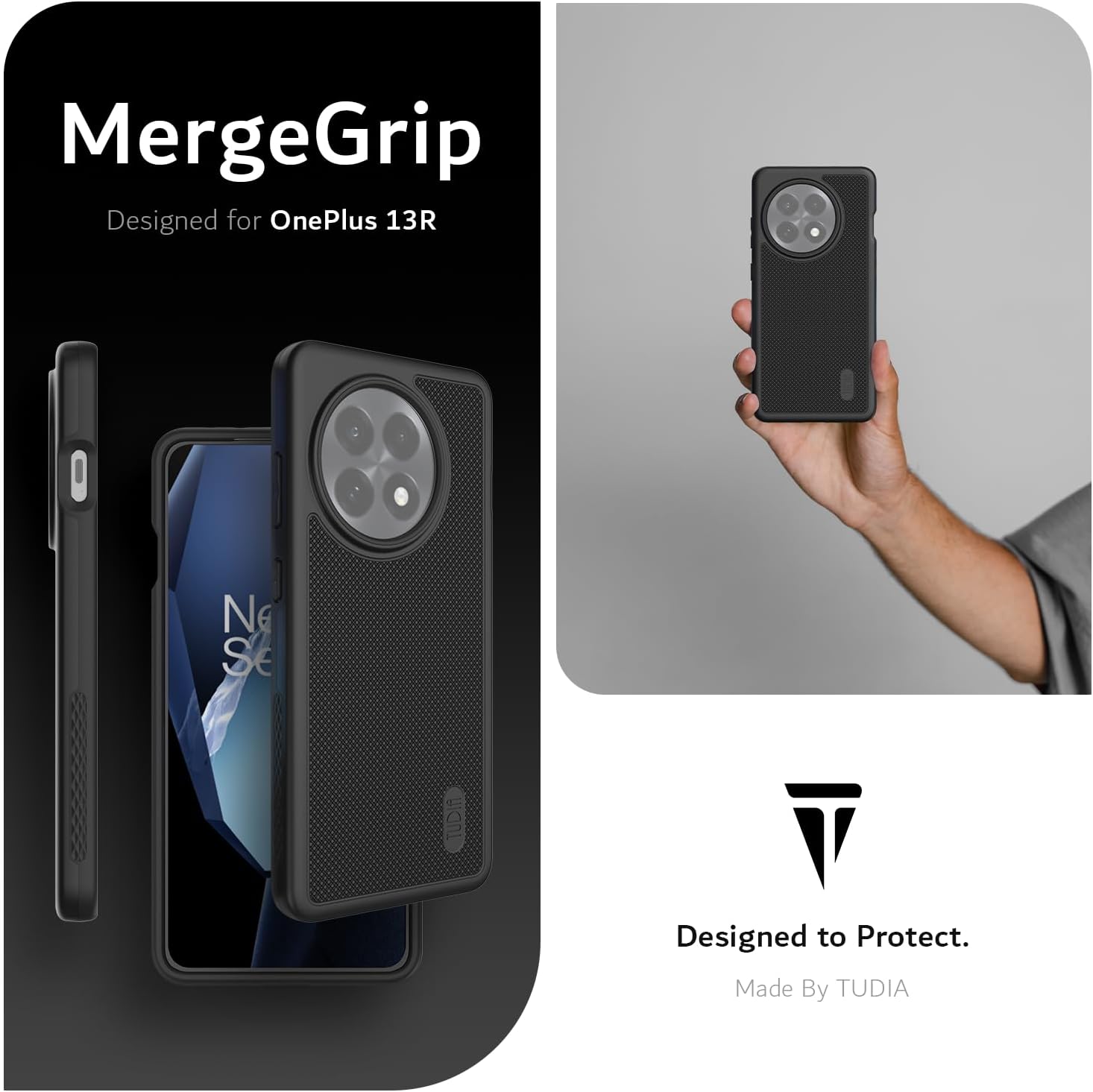 TUDIA Jet Black MergeGrip Case for OnePlus 13R 5G (2025) with Military Grade Drop Protection and Raised Edges

