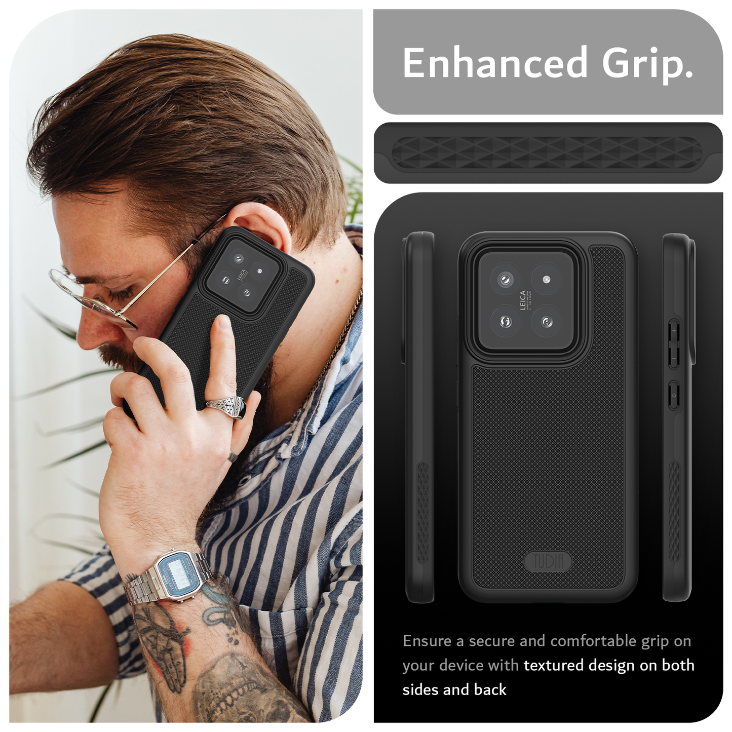 Close-up view of TUDIA MergeGrip MagSafe Case designed for Xiaomi 14 5G (2024), showing rugged dual-layer protection and textured grip for superior drop defense.