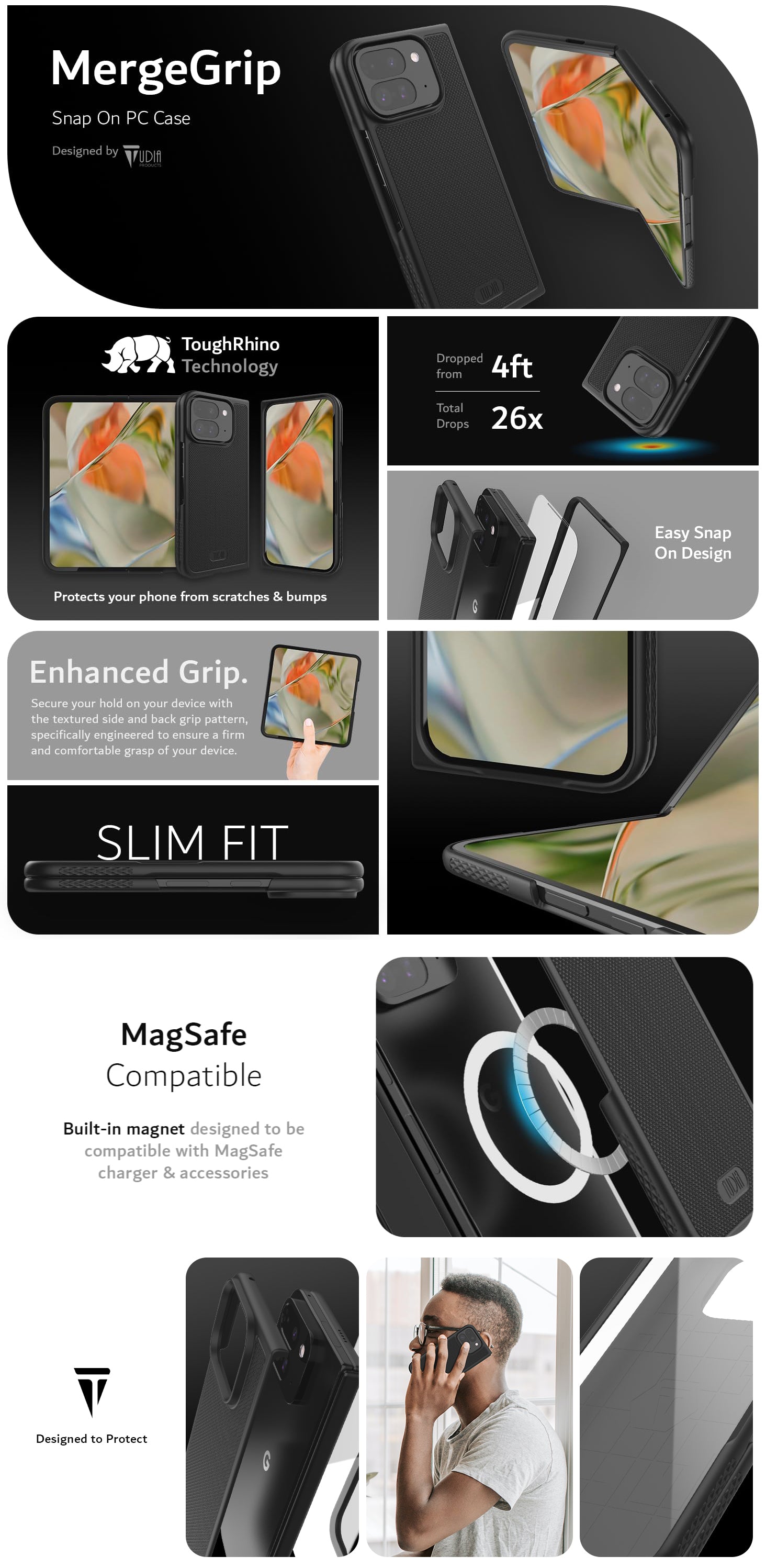 TUDIA MergeGrip Snap-On PC Case – MagSafe Compatible Heavy Duty Protection with Rugged Dual-Layer Design