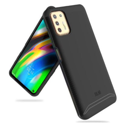 TUDIA Merge heavy-duty dual-layer case for Motorola Moto G9 Plus in matte black, offering rugged protection and a sleek design