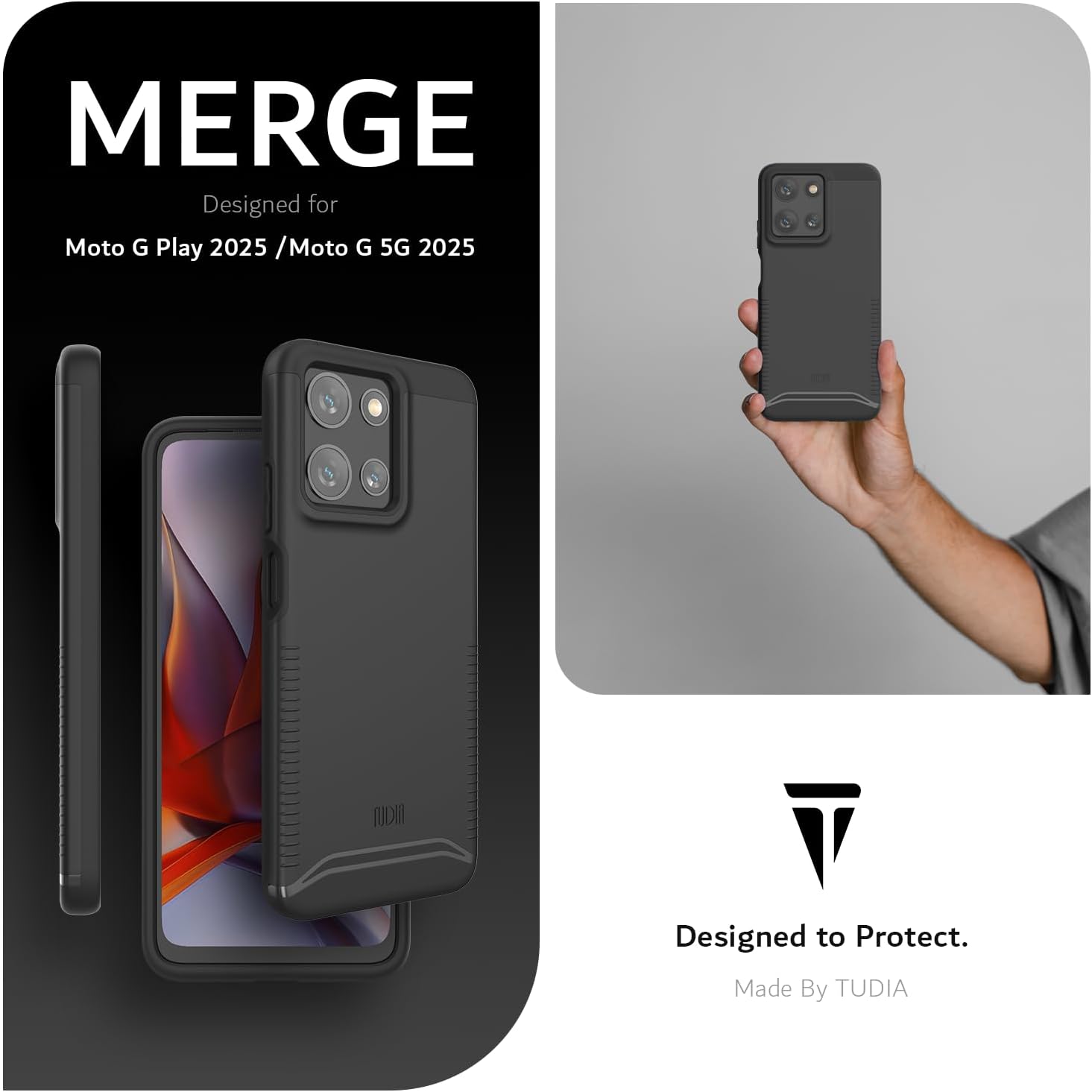 TUDIA Merge jet black rugged case for Moto G Play 5G 2025 with raised edges and enhanced grip
