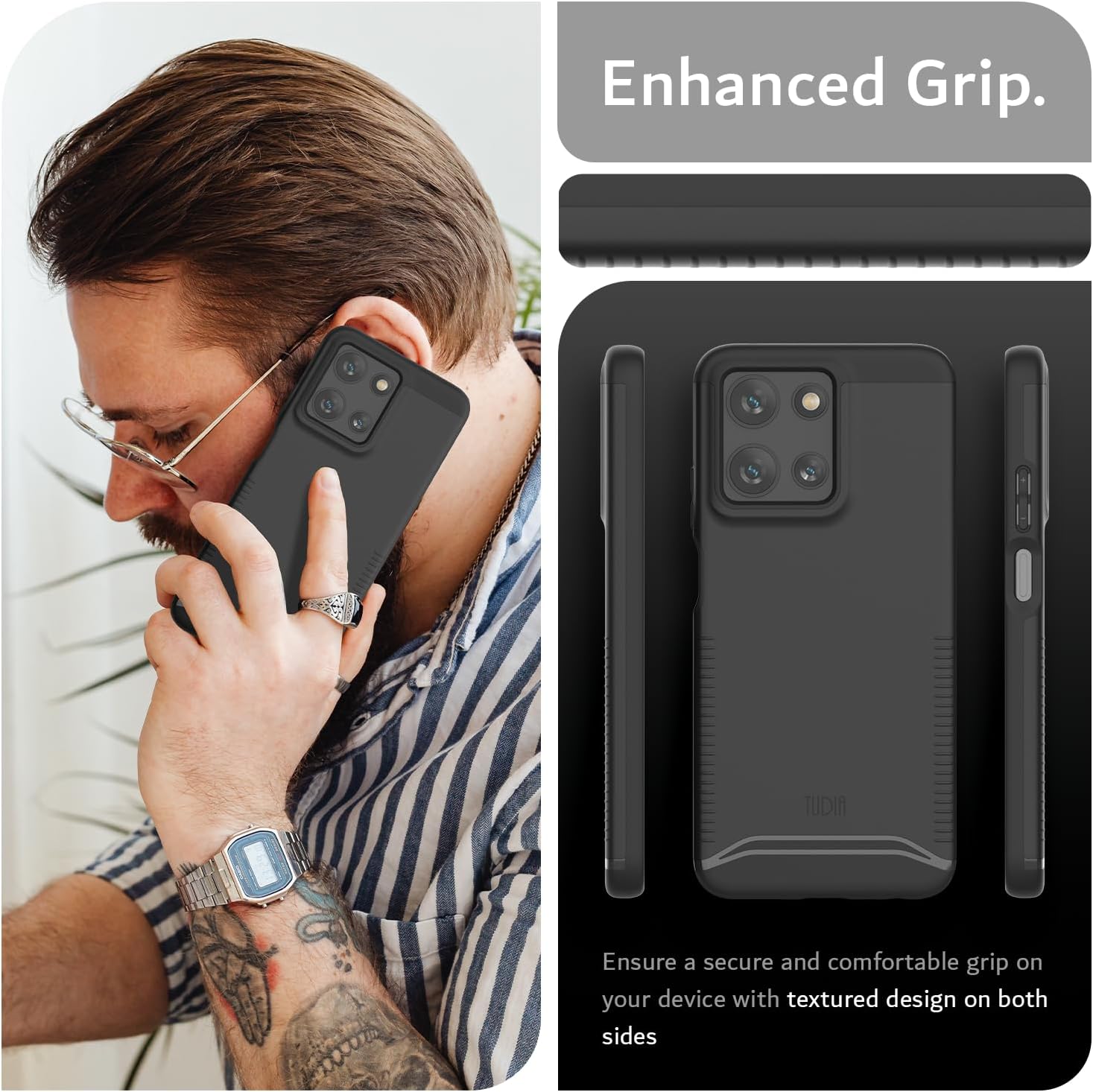 TUDIA Merge jet black rugged case for Moto G Play 5G 2025 with raised edges and enhanced grip
