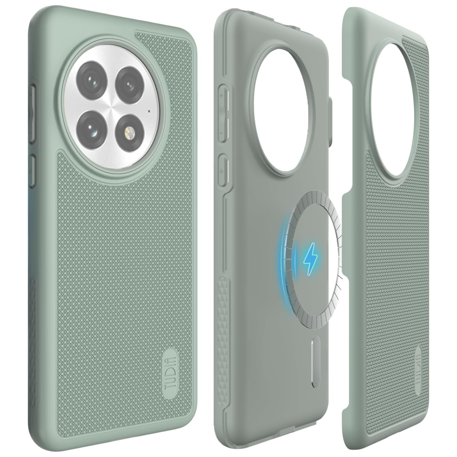 TUDIA Green Lily MergeGrip MagSafe case for OnePlus 13 5G (2025) with raised edge protection and enhanced grip
