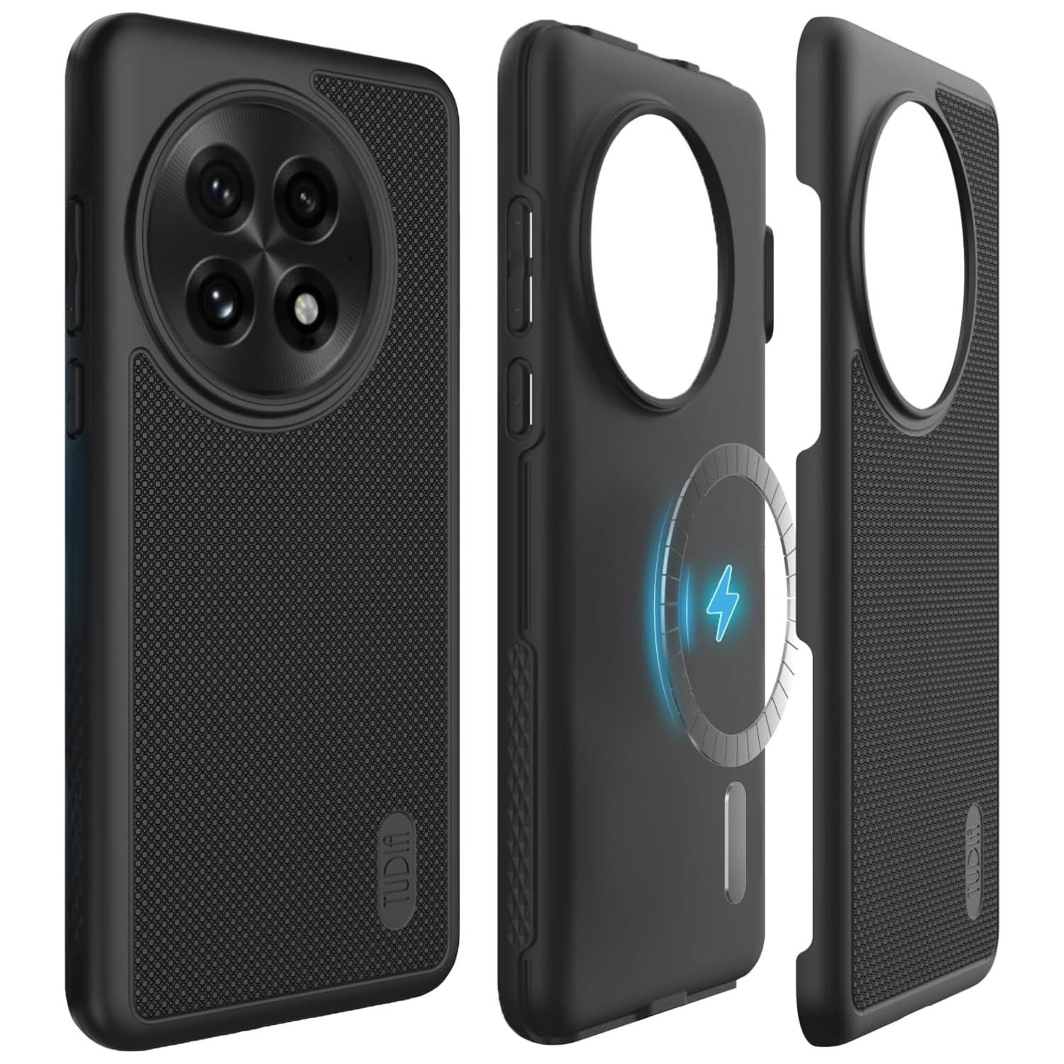 TUDIA Jet Black MergeGrip MagSafe case for OnePlus 13 5G (2025) with raised edge protection and enhanced grip
