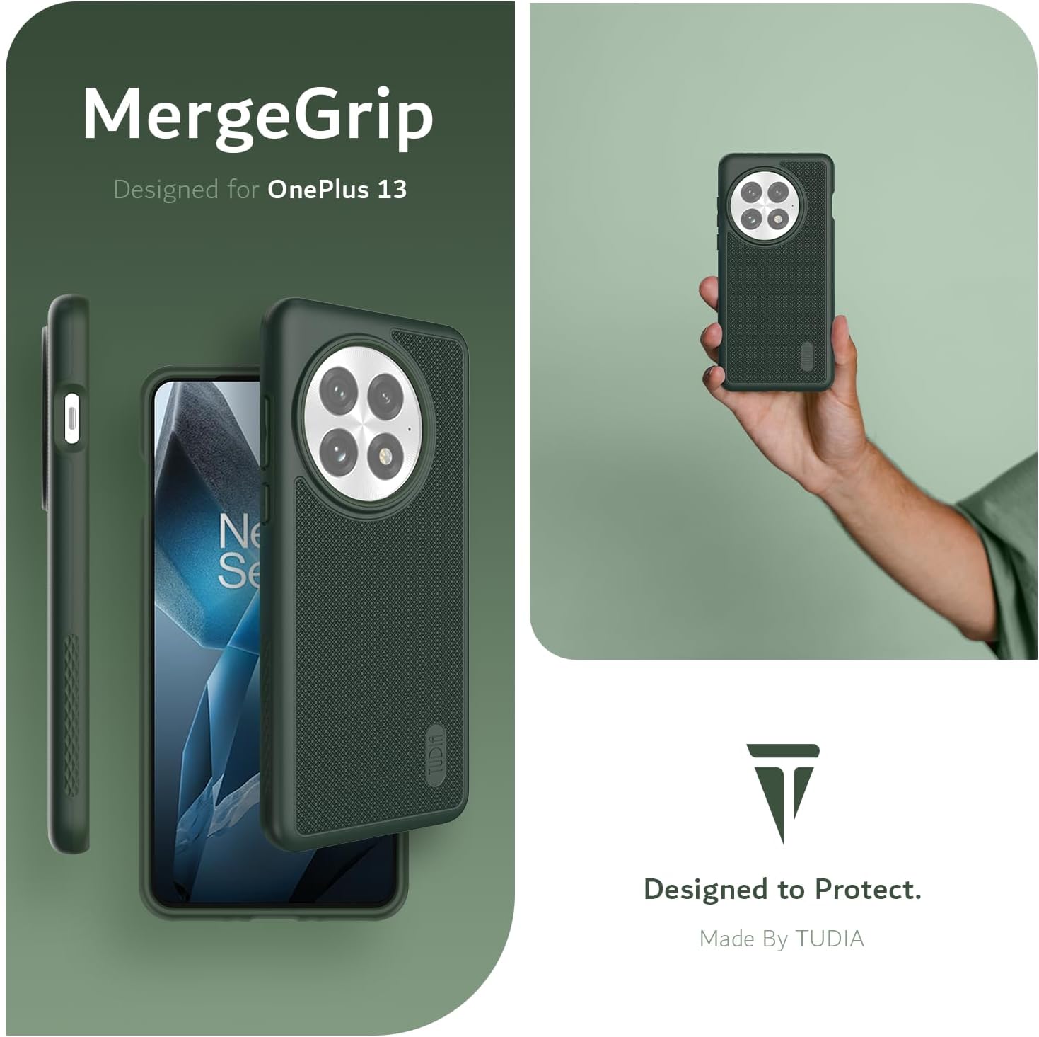 TUDIA Pine Green MergeGrip MagSafe case for OnePlus 13 5G (2025) with raised edge protection and enhanced grip

