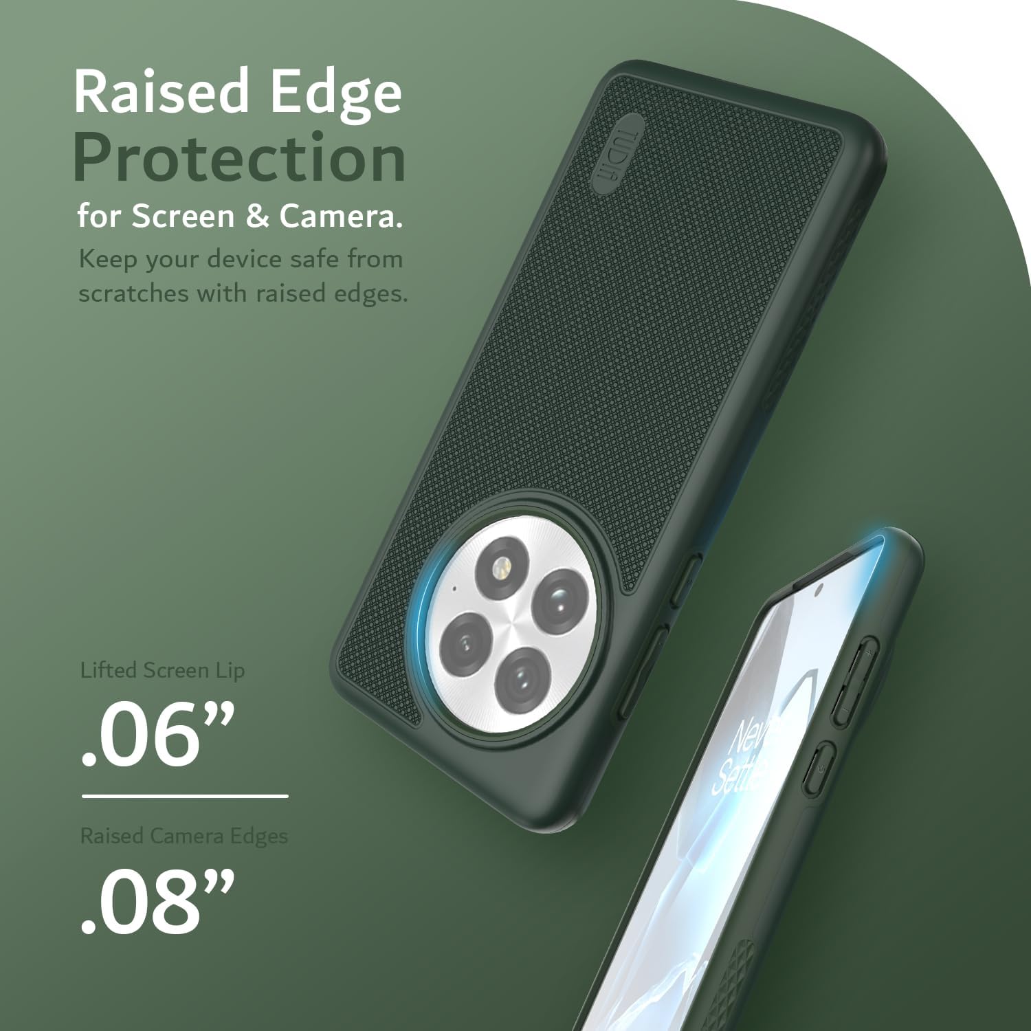 TUDIA Pine Green MergeGrip MagSafe case for OnePlus 13 5G (2025) with raised edge protection and enhanced grip
