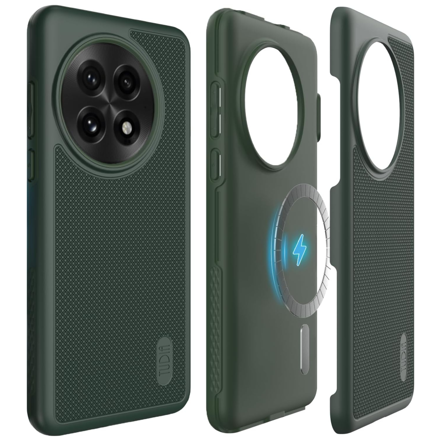 TUDIA Pine Green MergeGrip MagSafe case for OnePlus 13 5G (2025) with raised edge protection and enhanced grip
