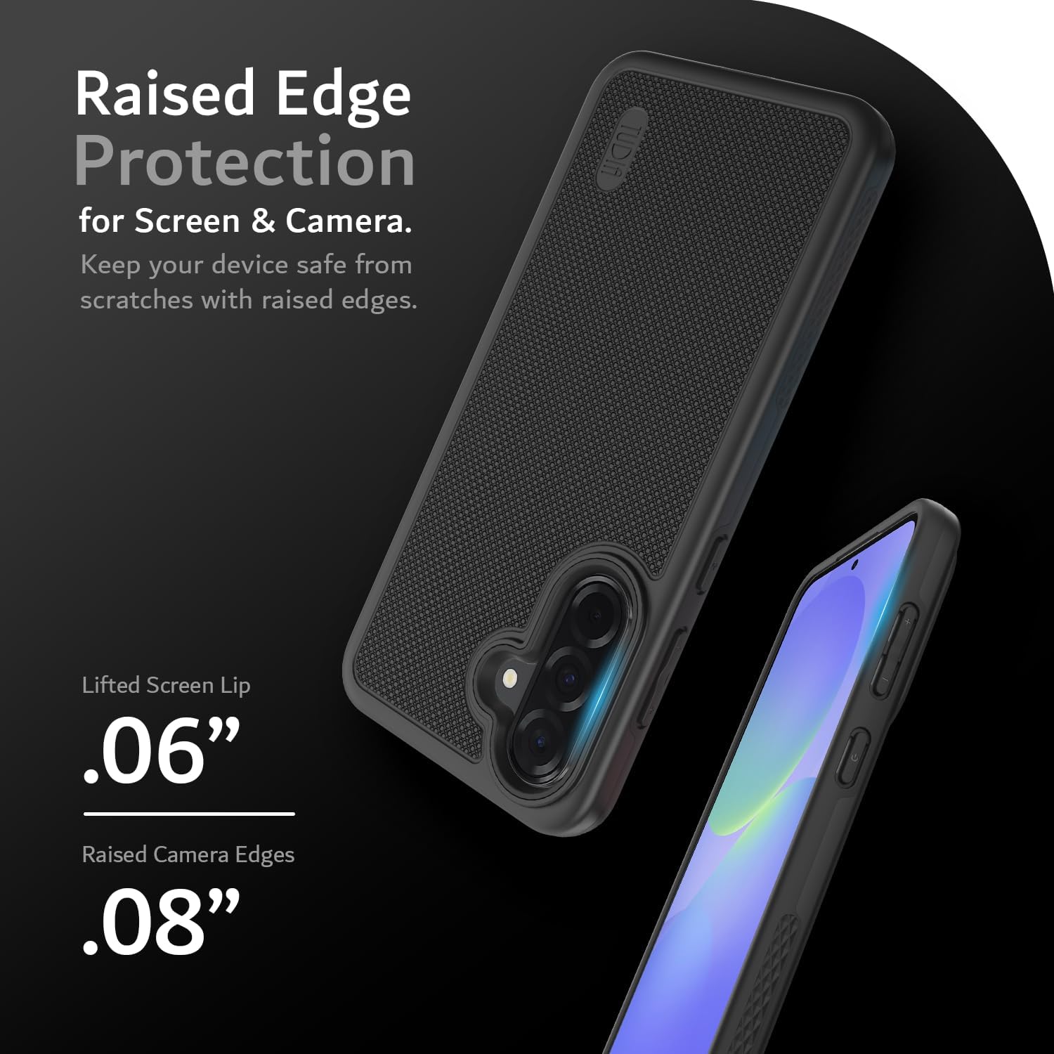 TUDIA black MergeGrip case for Samsung Galaxy A36 5G (2025) with raised edge protection and military-grade drop defense