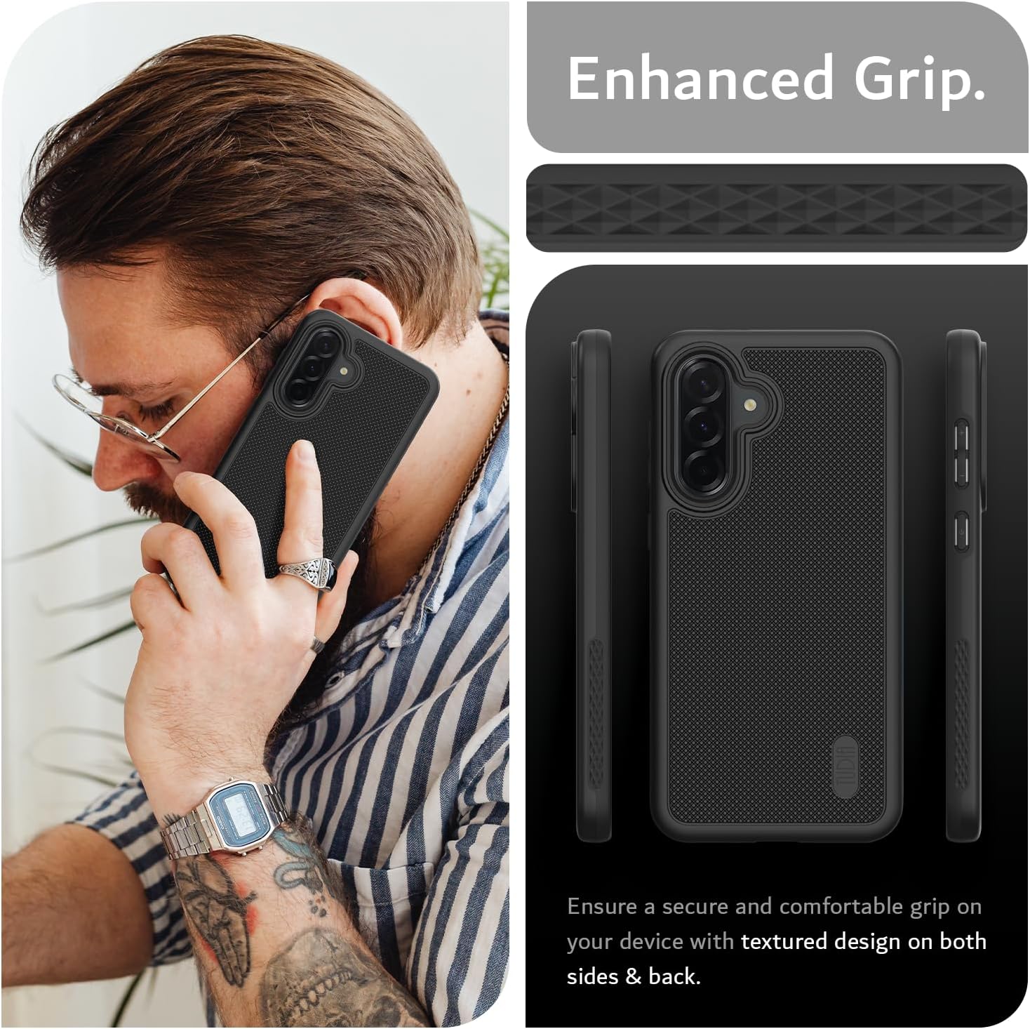 TUDIA black MergeGrip case for Samsung Galaxy A36 5G (2025) with raised edge protection and military-grade drop defense