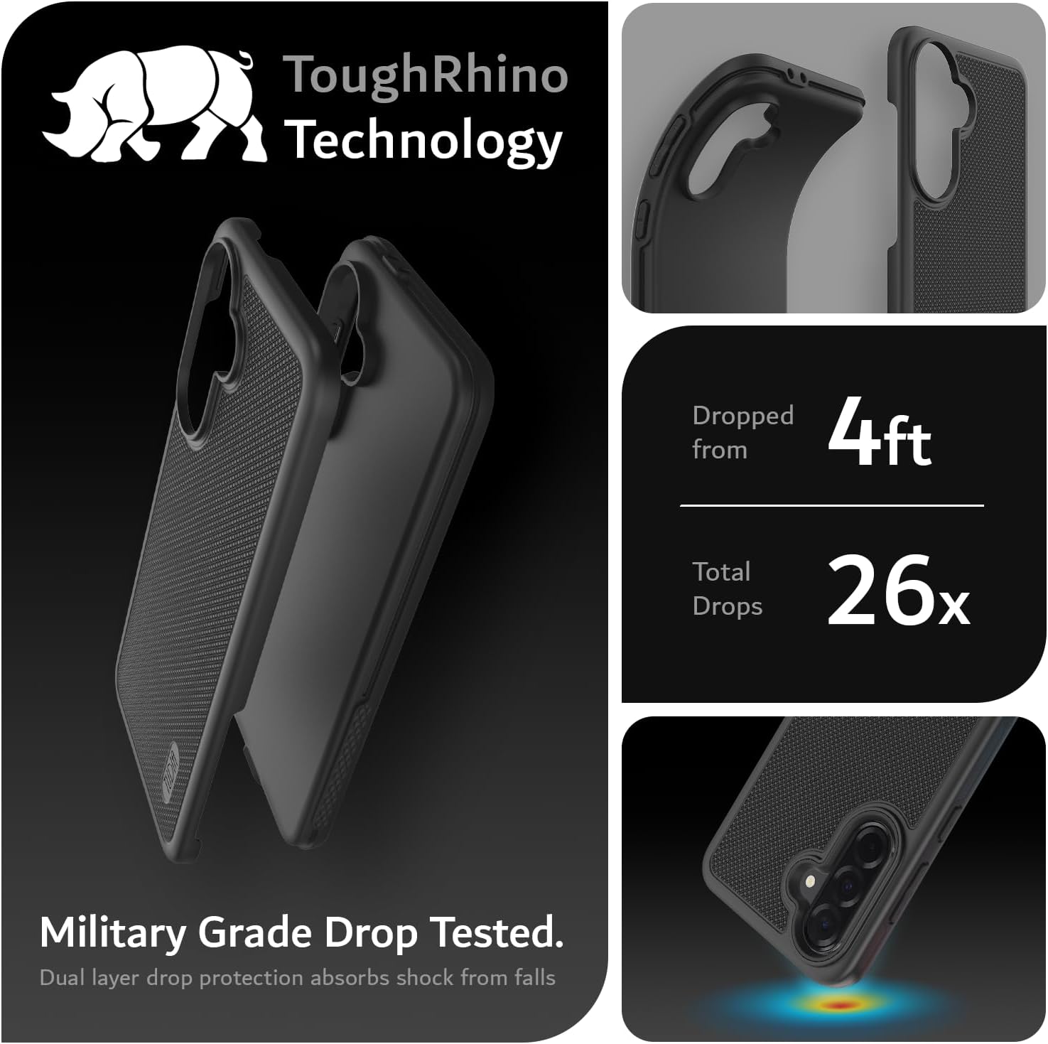TUDIA black MergeGrip case for Samsung Galaxy A36 5G (2025) with raised edge protection and military-grade drop defense