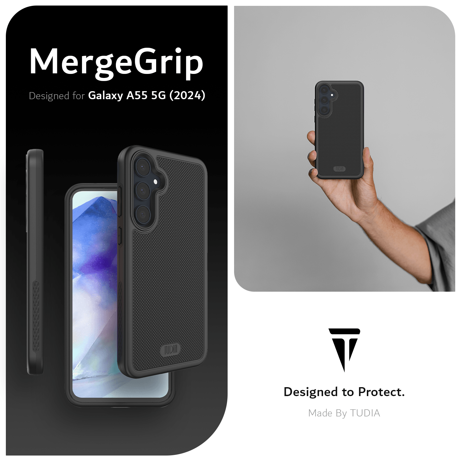 TUDIA MergeGrip Case for Samsung Galaxy A55 5G in Black – Slim Heavy Duty Shockproof Protective Cover with Enhanced Grip