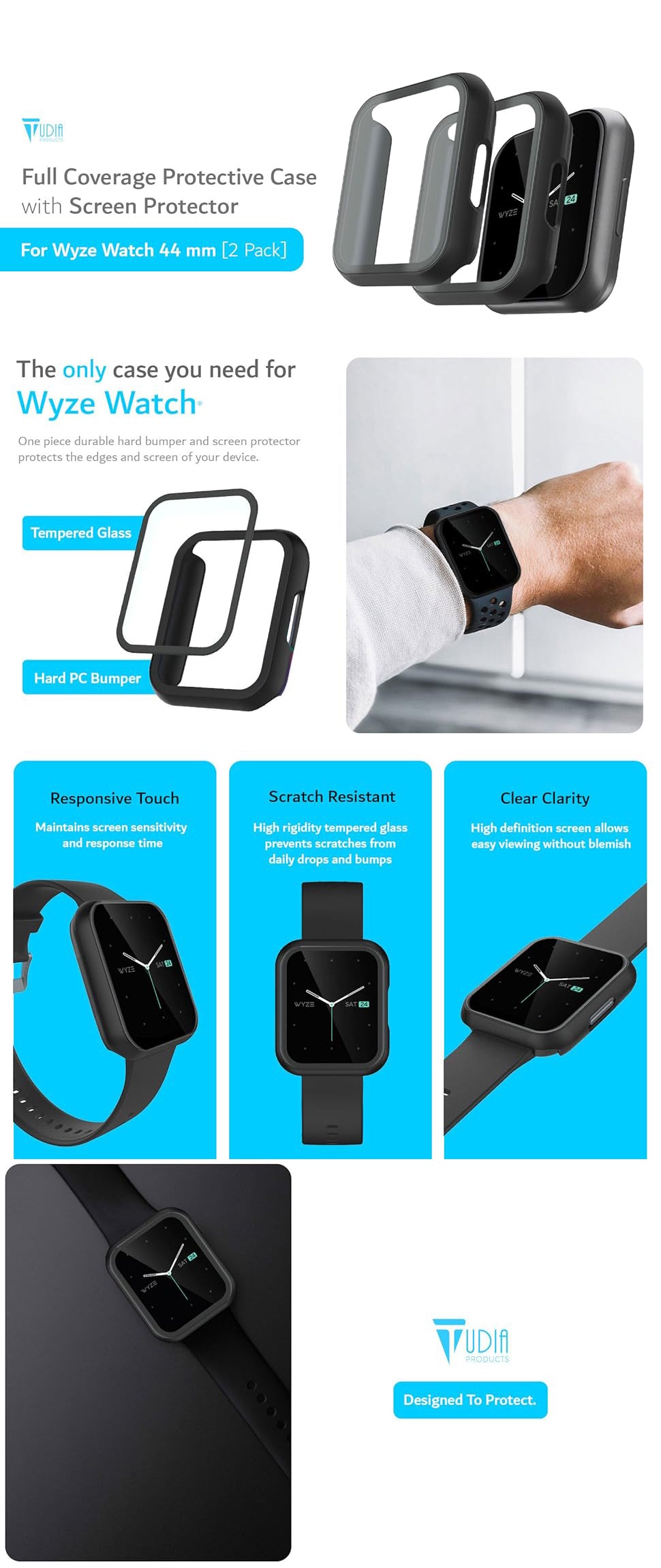 TUDIA Wyze Watch 44mm [2 Pack] – Full Coverage Protective Case with Built-In Screen Protector for Maximum Protection and Durability