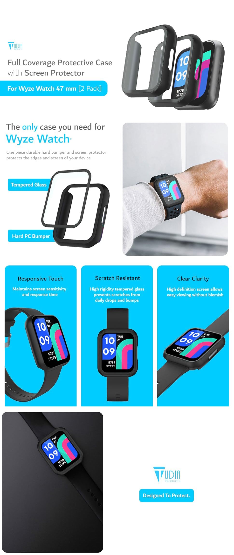 TUDIA Wyze Watch 47mm [2 Pack] – Full Coverage Protective Case with Built-In Screen Protector for Ultimate Durability and Protection